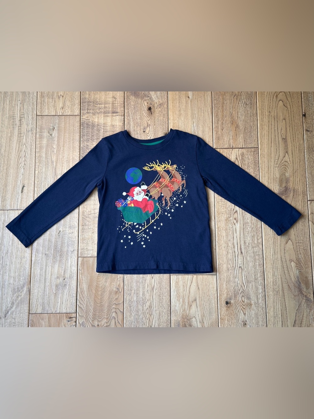Mini Boden Santa Sleigh Christmas Graphic Long Sleeve Shirt size 3-4